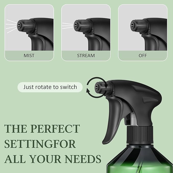 Baderke 2 Pcs Spray Bottle, 16 oz Plastic Spray Bottles for Cleaning 360° Upside Down Sprayer Bottles for Cleaning Solutions, Durable Nozzle W/fine Mist and Stream Setting(Green)