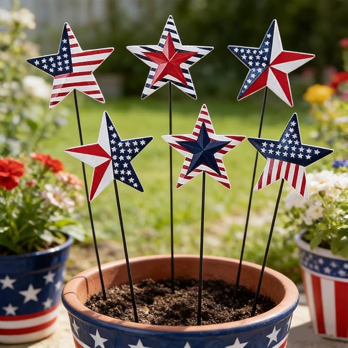 hogardeck 4th of July Decorations Outdoor, 6 PCS Metal Patriot Star Decorative Garden Stakes for Fourth of July Decorations, Patriotic Yard Signs for Garden Memorial Day Decorations