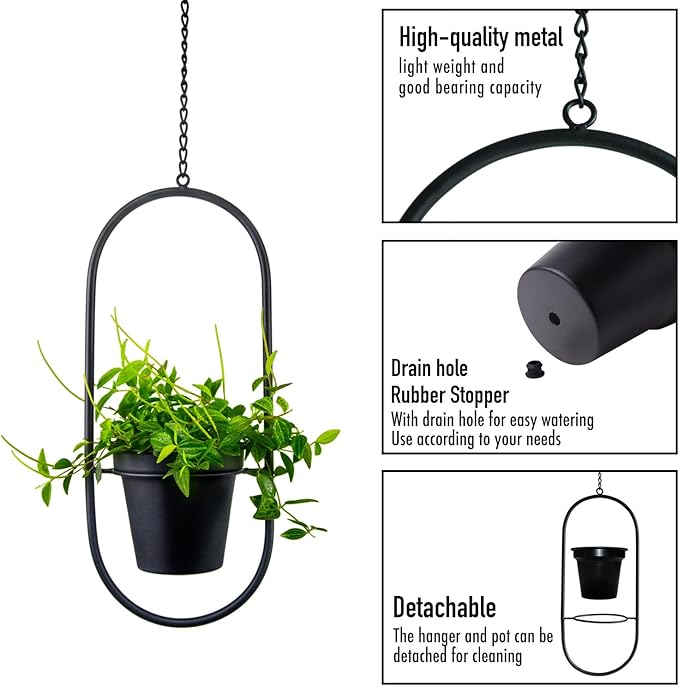 Modern Metal Hanging Planters Set of 2 - Round and Oval Geometric Plant Hangers with 5 Inch Pots - Black Wall and Ceiling Mount Flower Holders for Indoor and Covered Outdoor Décor