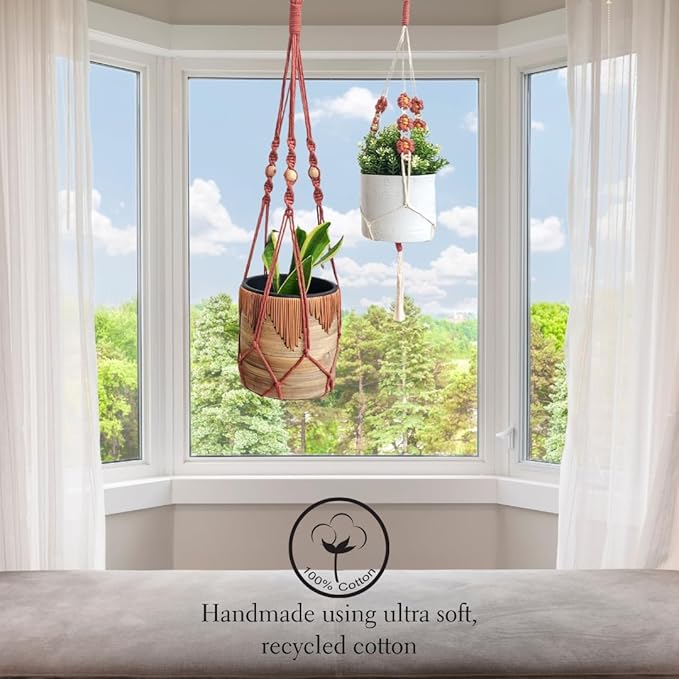 Set of 2 Macrame plant hanger with Daisies & Beads | Hanging plant holder Macrame Plant hangers outdoor and indoor hanging planters Plant stand indoor Boho Decor hanging planter stand (Cafe Latte)