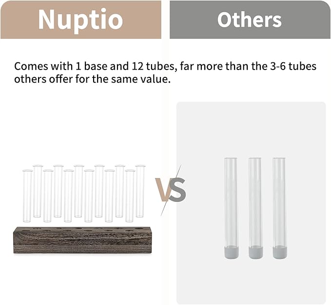 NUPTIO Vase Wedding Centerpiece for Table: 15" Long Rectangular Wooden Base and 12 Pcs Glass Test Tube Bud Vases for Flower Arrangement Dining Table Center Piece Home Decor Gifts for Plant Lovers