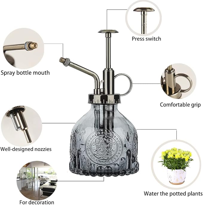 Glass Plant Mister Spray Bottle Indoor Watering Can 6.4inch Tall with Bronze Plastic Top Pump Vintage Small Plant for Outdoor Garden Succulent Flower (Gray)