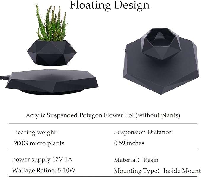Magnetic Levitation Flower Pot, Floating Plant Pot with 360 Rotation, Modern Levitating Flowerpot for Succulents, ABS Magnetic Planter for Home Office Decor, Black