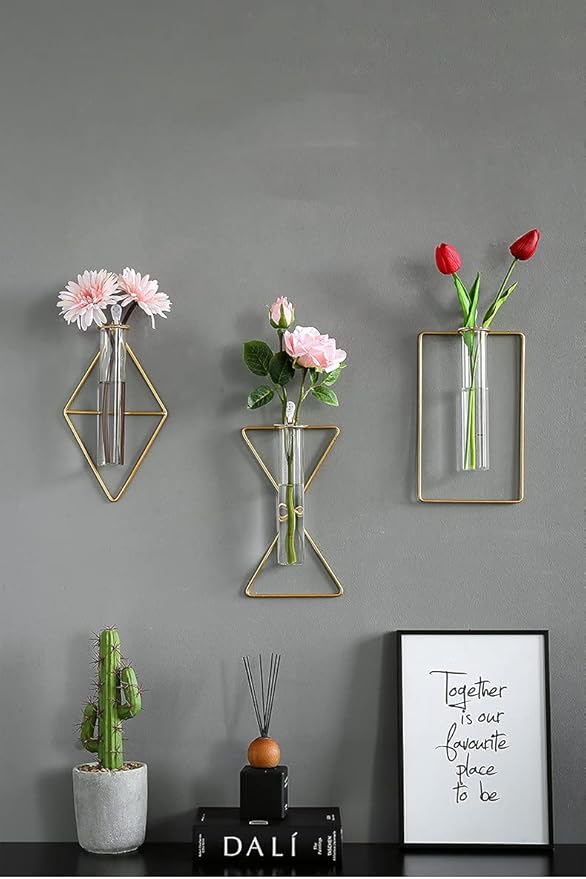2 Pack Gold Wall Flower Vases,Gold Geometric Metal Frame Clear Glass Tube Bud Vase Hydroponic Plants(Gold 9)
