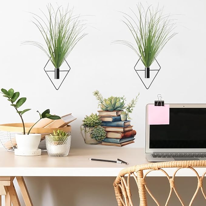 Hanging Planters with Artificial Plants, 2pcs Diamond Shape Metal Hanging Vase with Artificial Shrubs Wheat Grass Greenery Indoor Plants Holder Wall Decor for Home Living Room Bedroom Office (Black)