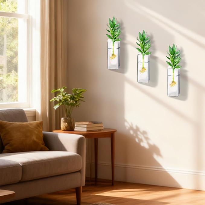 6 Pcs Glass Wall Mounted Planters, Hanging Glass Tubes Flower Vase, Wall Vase for Plants Indoor, Propagation Wall Planter Container for Hydroponics Plants, Garden Wedding Decor