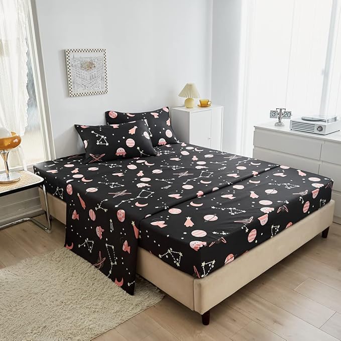 Kids Outer Space Galaxy Sheet Set Twin Girls Universe Planet Printed Bedding Set Super Soft Moon Starry Sky Bed Sheet Set Stars Constellation Sheets with Deep Pocket Fitted Sheet Pink Black