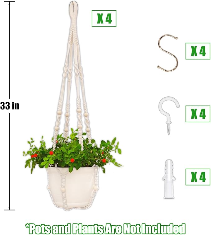 petonfun Macrame Plant Hanger Indoor,Hanging Planters for Indoor Plants with 8 Hooks,Outdoor Hanging Plant Holder Crochet for Window,Ceiling Boho Home Decor Basket Pot,White 4 Pack,Ivory