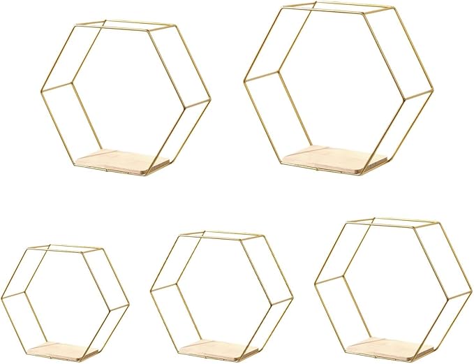 5 Pieces Hexagon Iron Wall Shelves Storage Rack Living Room Geometric Kitchen Bedroom Organizer for Mini Planter Displaying, Golden