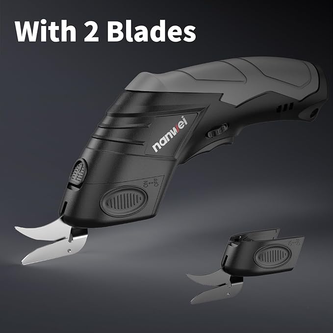 NANWEI Electric Scissors Cordless, Type-C Rechargeable Cardboard Cutter with 2 Blades, 4.2V High‑torque Motor, for Fabric Carpet Leather (Black)