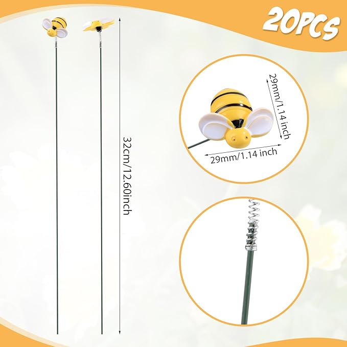 NQEUEPN 20pcs Bee Garden Stakes Decor, Resin Bee Yard Stakes Vivid Garden Stakes Decorative Bee on Stick Yard Art Decorations for Pot Lawn Patio Corridor Flower Bed Outdoor Plant
