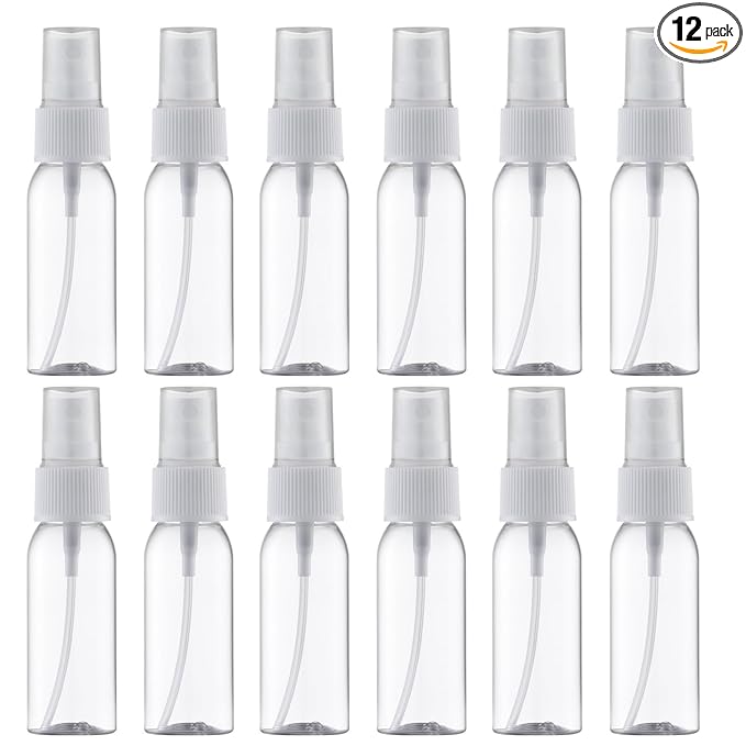LISAPACK Plastic 1oz Spray Bottles Empty Small Mini Fine Mist Travel Size Atomizer, Tiny Sprayer for Little Perfume, Water, Cologne, Alcohol, Samples (12pcs, clear, 30ml)