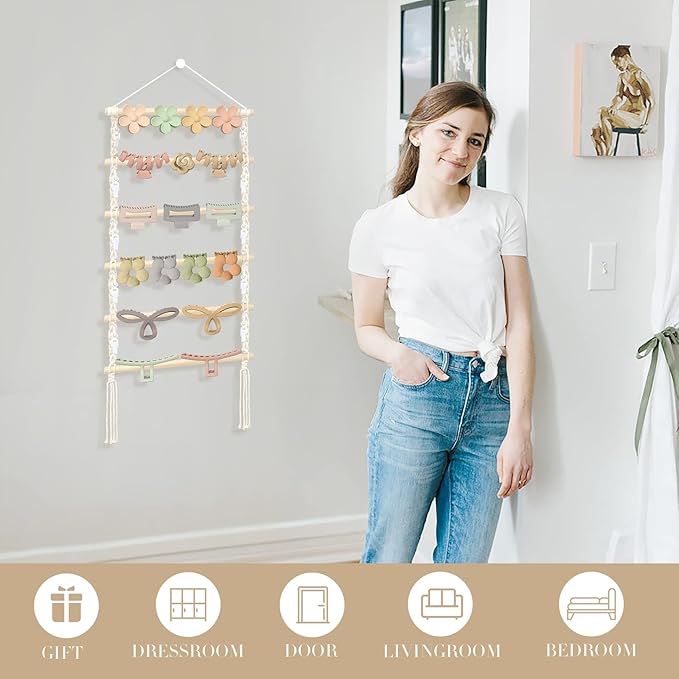 Hair Claw Clip Organizer,Macrame Hanging Hair Clip Holder and Storage for girls,Claw Clips Hanger Home Boho Decor for Wall,Door,Closet