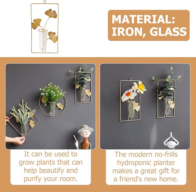Veemoon Wall Hanging Glass Terrariums Planter Wall Mounted Plant Propagation Station Test Tube Mini Vase Pot for Hydroponic Plants Gingko Leaf Sculpture Home Decor Gold L
