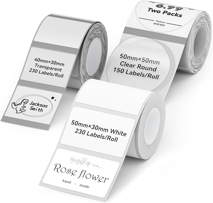 NIIMBOT Thermal Label Tape 3 Rolls, Compatible with B1 B21 B31 Label Maker | Multi-Size Pack, 50x30mm White, 40x30mm Clear, 50x50mm Round | for Address, Jar, Gift, Logo & File Organization Stickers