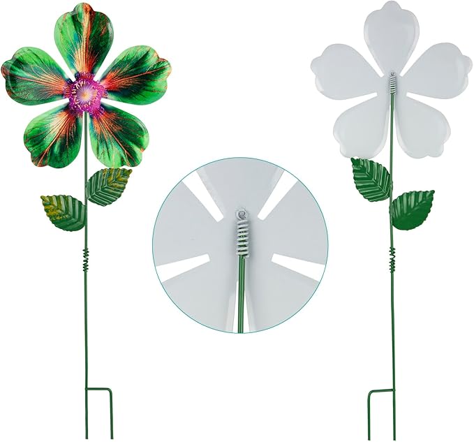 Metal Flowers Garden Stakes Outdoor Decor, 17 inch Shaking Flower Garden Yard Art, Weather Proof Flower Stakes for Yard Lawn Porch Pathway Patio Plant Pot Decorations, 4 Pack (Flower-a-Head)