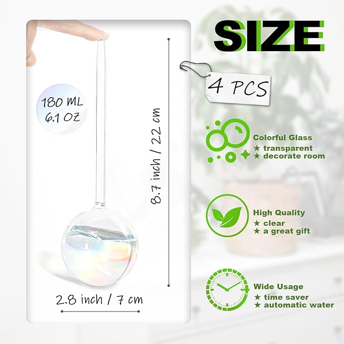 Pynqdfu 4 Pcs Plant Watering Globes,Rainbow Gradient Glass Watering Devices,Self Watering Planter Insert Plant Accessories for Indoor,Outdoor,Flowerpot,Hanging Plants,Home Garden,8.7" L×2.8" D