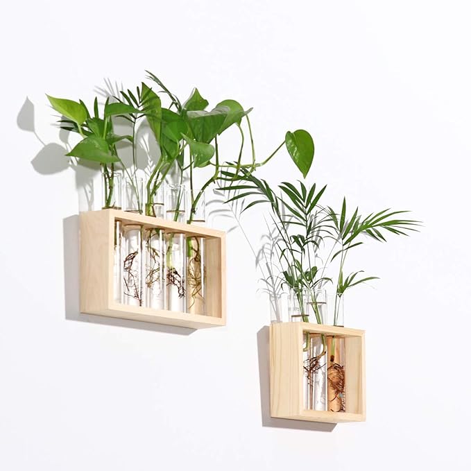 Kingbuy Wall Propagation Station with 5 Test Tube Vases - Vintage Wood Stand Wall Hanging Planter for Plants, Tabletop Terrarium Windowsill Decor Kitchen Herb Garden Accessory, Burlywood