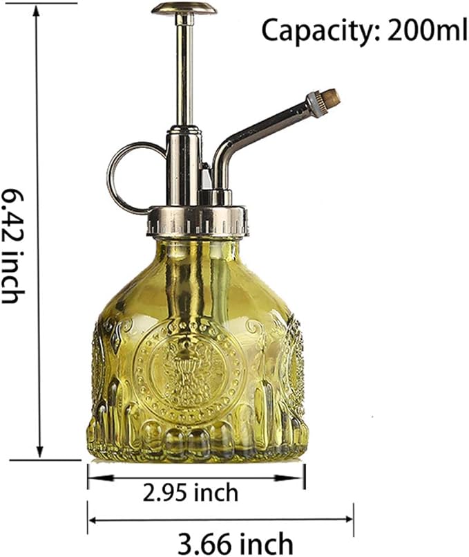 Plant Mister Glass Spray Bottle Small Plant Watering Can 6.4" Tall Retro Indoor Watering Can Bronze Plastic Top Pump for Garden Indoor Plant Sprayer