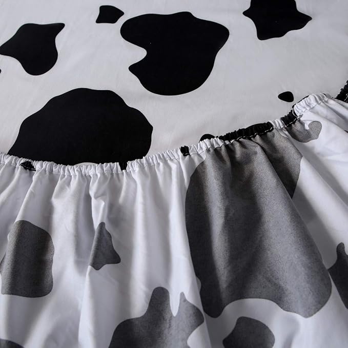 Kids Cute Cow Bed Sheet Set with 2 Pillowcase 1 Fitted Sheet 1 Flat Sheet Full Size Children Cartoon Milk Cow Animal Bedding Set for Boys Girls Bedroom Decor Lovely Black White Bed Cover Microfiber