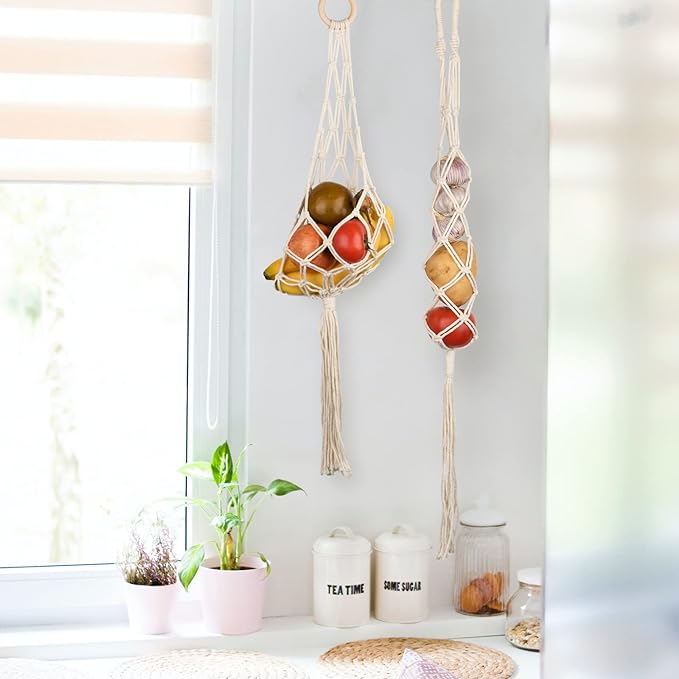 Beautyflier 2 Pieces Macrame Hanging Fruit Basket Wall Hanging Potato Onion and Fruit Boho Fruit Holder Net for Kitchen Decor (White)