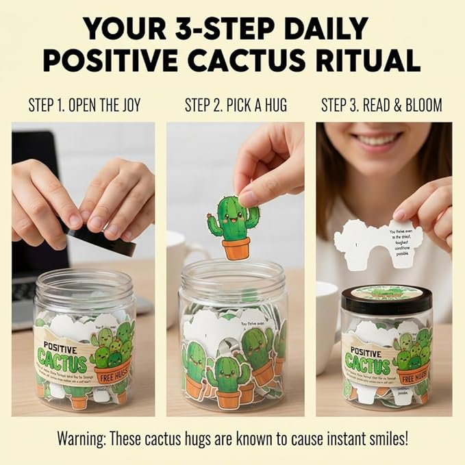 Positive Cactus Jar with 60 Daily Affirmation Cards, Emotional Support Plant Cactus Gifts, Stress Relief, Motivational Gift, Cactus Plushies, Mini Plant Toy Decor, Funny Gifts for Women, Positive Toy