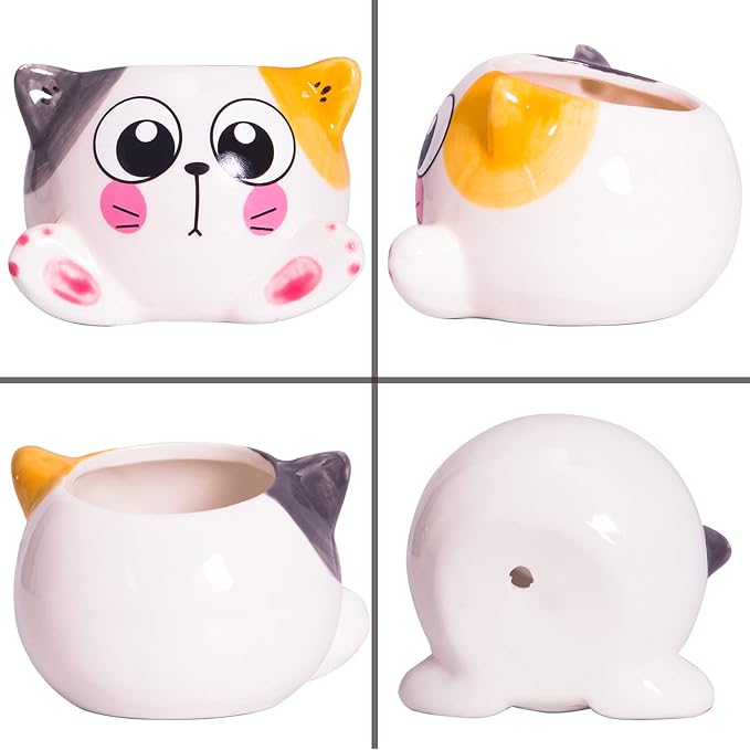 Cute Succulent Pots with Drainage Cat Planters for Indoor Plants 3.4 Inch Tiny Animal Planters Mini Cat Pots Small Ceramic Flower Pot Cartoon Cactus Plant Pots Set of 6