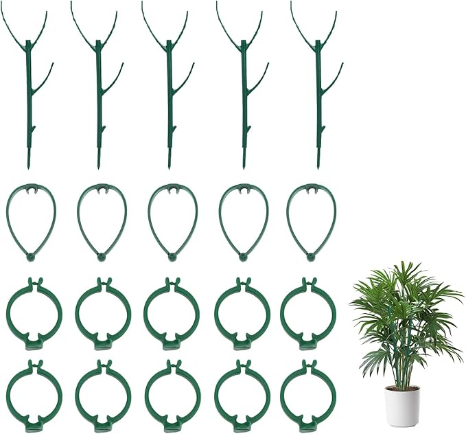 Decorative Stackable Twig, Plant Support Frame & Cage Support Rings, Plant Holder Stick with Clamps, Twig Trellis with 5 Poles for Indoor Outdoor, Potted Plants Flower Climbing Plants ﻿ (Green（B)