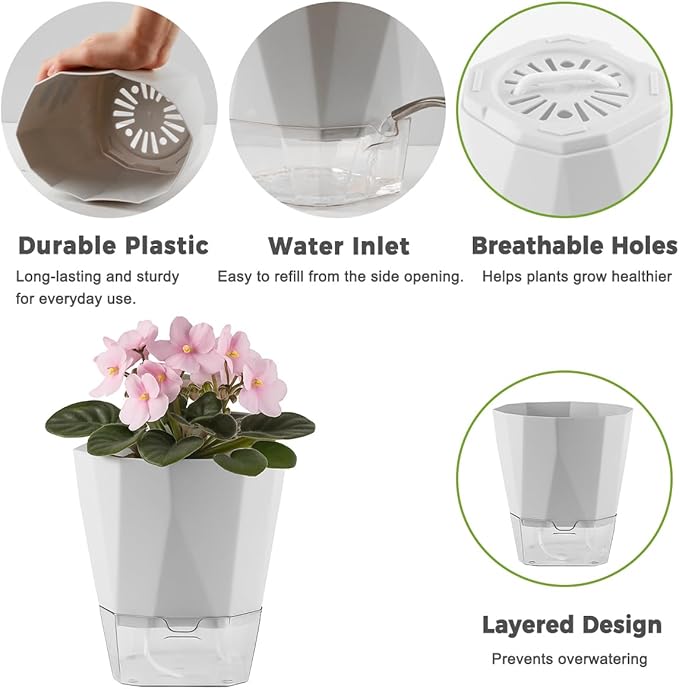 2 Pack Self Watering Pots for Plants, 8.4" Self Watering Planters Large African Violet Self Watering Clear Pots for Plants Large Herb Orchid Flower Houseplant Pots, Light Grey