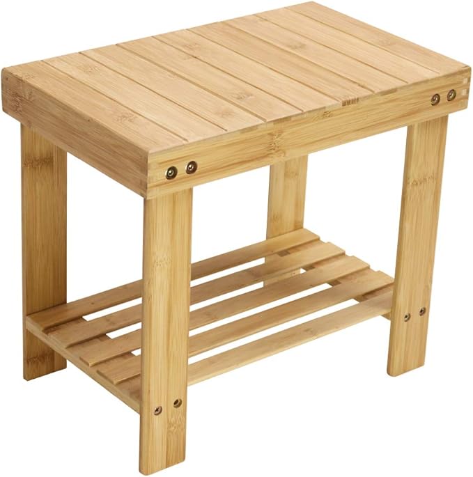 KKTONER Bamboo Step Stool with Storage Shower Bench with Shelf Foot Stool for Bathroom Living Room Bedroom Natural Color
