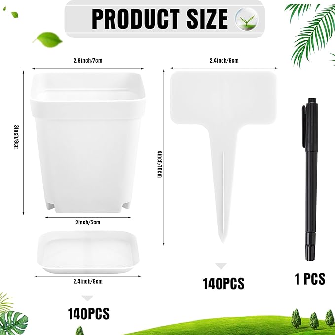 140 Pcs 3 Inch Plastic Plant Pots Square Seedling Nursery Pots Reusable Small Plant Pots with Saucers 140 Pcs Waterproof Plant Labels T Type Plant Tags Marking Pen for Garden Balcony Office (White)