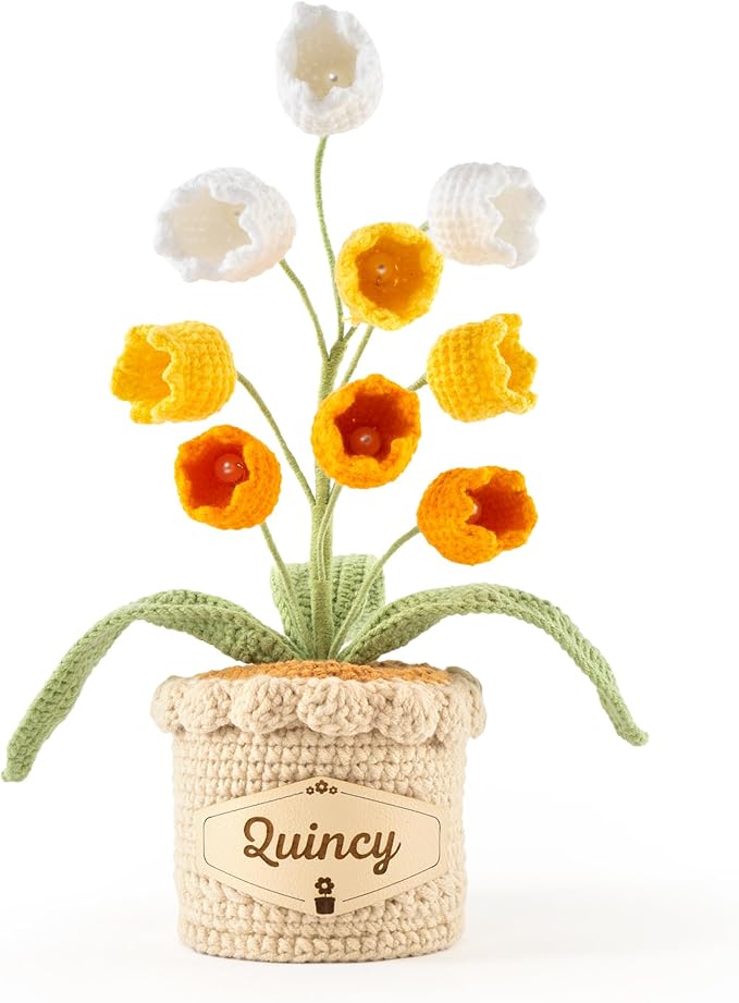 Crochet Flowers with Personalized Leather Name Tag Handmade Knitted Flowers for Home Office Desk Decor Crochet Lily of the Valley Flower Pot for Women,Teachers, Birthday Crochet Gifts(Yellow)
