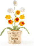 Crochet Flowers with Personalized Leather Name Tag Handmade Knitted Flowers for Home Office Desk Decor Crochet Lily of the Valley Flower Pot for Women,Teachers, Birthday Crochet Gifts(Yellow)