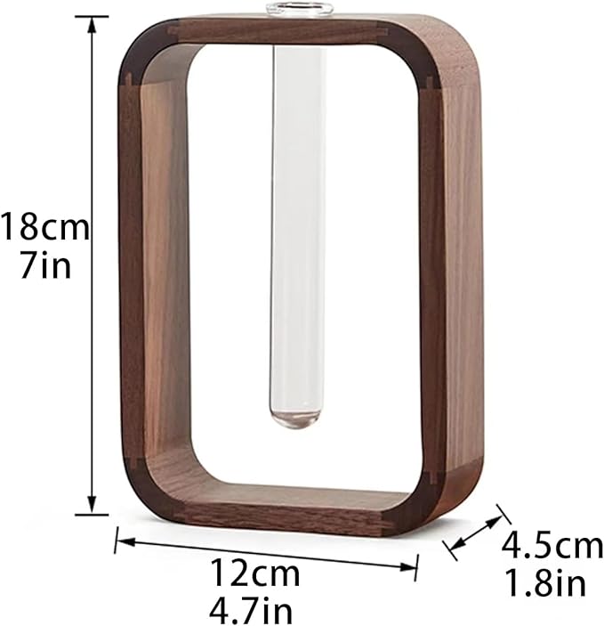 Transprent Glass Vase Test Tube Vase Hydrophilic Plants Vase Plant Holder Walnut Wooden Frame Flower Stand Table Garden Bonsai Decor,Gifts for Women, Home Office Decor Planter (Small)