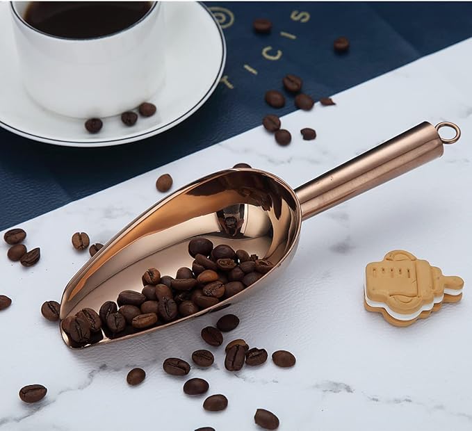 Berglander Stainless Steel Rose Gold Ice Scoop 6 OZ, Titanium Copper Plating Metal Ice Scooper For Ice Maker Multipurpose For Candy Wedding Kitchen Bar Party Pet Animal Dog Food Scoop Beach Shovel