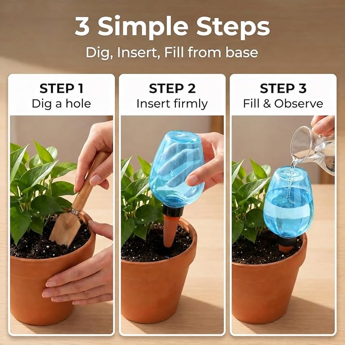 3 pcs Self Watering Globes for Indoor Plants - Top-Fill 11.8oz Blue Plant Watering Devices for Vacation, Plastic Watering Bulbs with Terracotta Spikes