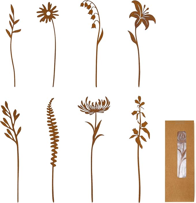 8-Piece Wildflower Garden Stakes – Rustic Hand-Rusted Metal Flower Stakes for Flower Beds, Lawn, Pots, Patio, Outdoor Décor, Yard Art & Plant Decorations