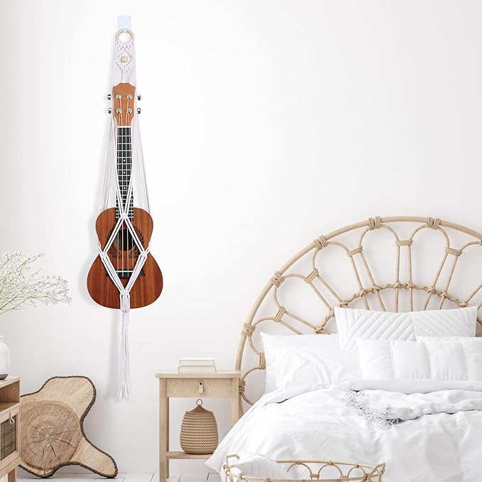 Macrame Ukulele Hanger Wall Mount - Handwoven Holder for Soprano Ukulele, Boho Wall Decor, Natural Cotton Rope with Protective Padding