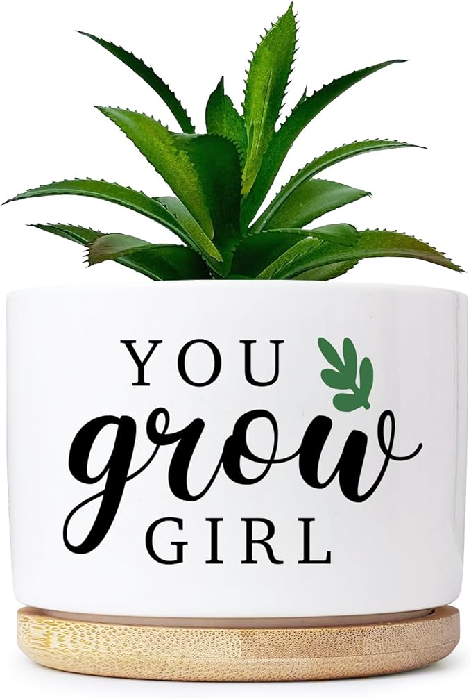 Grow Funny Planters for Indoor Plants, Cute Plant Pots You Grow Girl Succulent Planter Cactus Pot, Ceramic Planter, Appreciation Housewarming Gifts for Women, Friends (3.5 inch Pots, No Plants)