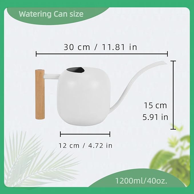 Indoor Watering Can with Long Spout, 40oz Capacity, White Metal with Wood Handle,Plant Mister Spray Bottle (White-W2)