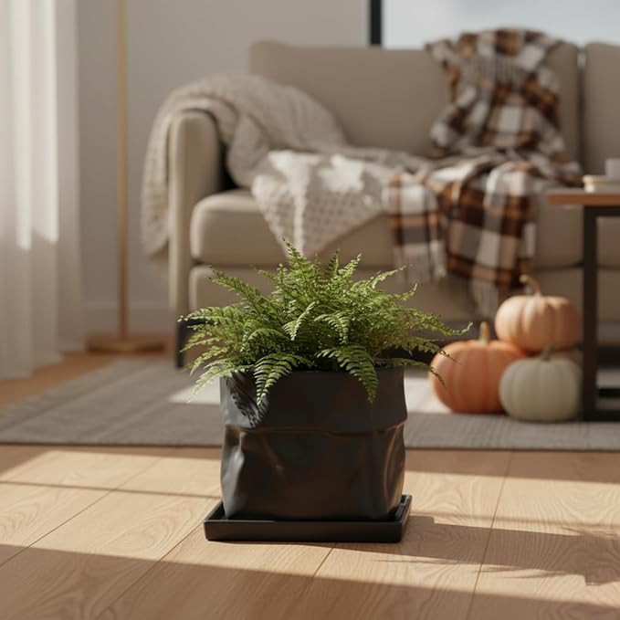 Nihow Ceramic Plant Pot: 8 Inch Planter with Drainage Hole & Square Saucer for Herbs/Plants, Bag Shape Design Flower Pot for Indoor & Outdoor Garden Decor - Black