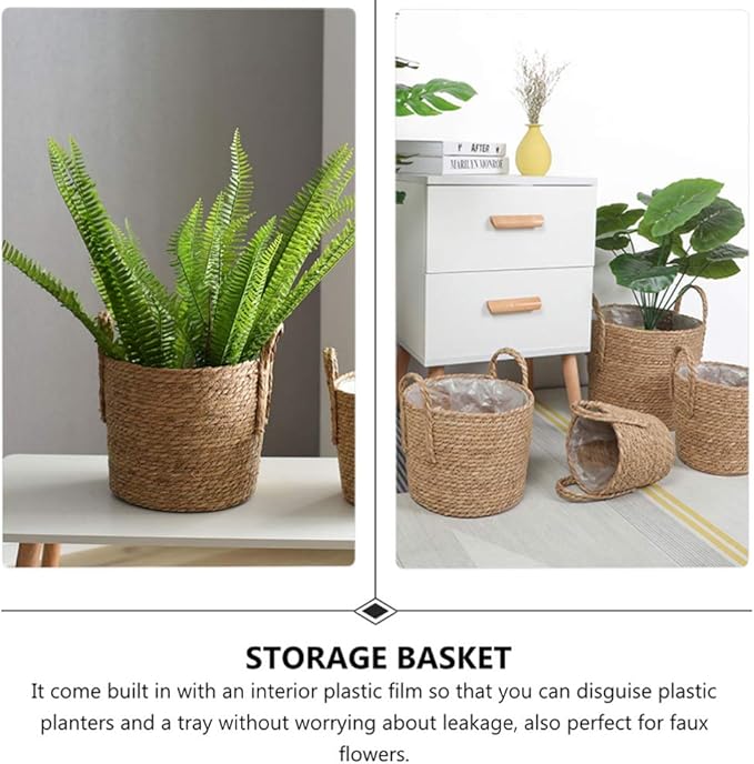 Cabilock Picnic Basket Seagrass Planter Basket Flower Pot Cover Straw Weaving Plant Container Vase Wicker Trash Can Garbage Bin Rattan Storage Organizer Bin Laundry Hamper Plant Pots