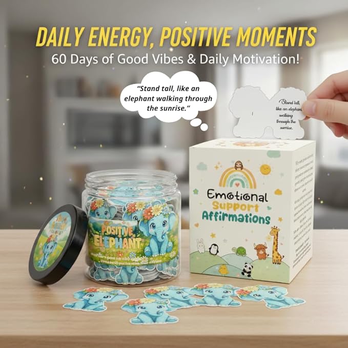 Positive Elephant Jar with 60 Daily Affirmation Cards, Emotional Support Elephant Decor, Uplifting Present for Teenage Girls and Men, Inspirational Office Desk Accessory and Appreciation Gift