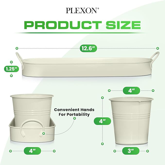 Plexon Herb Planter Indoor Garden Set of 3 with Tray, Metal Herb Pots for Indoor Plants, Round Kitchen Garden Kit Ideal for Windowsill Planter or Countertop, Off-White Powder Coated
