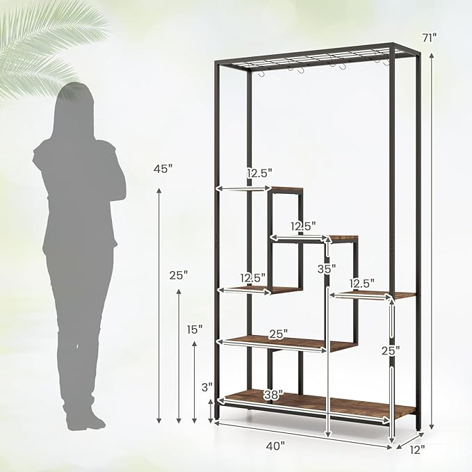 6-Tier Plant Stand Indoor, 70.9" Tall Plant Stand with 10 S Hanging Hooks, Metal Plant Shelf Corner Plant Stands for Indoor Plants, Garden, Balcony, Living Room (Brown)