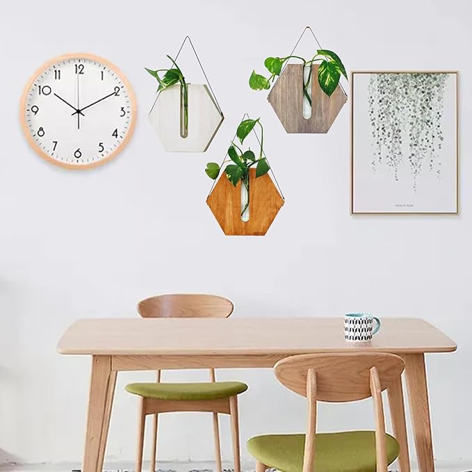 Firlar Premium Wall Mounted Propagation Station Wall Hanging Planter Tubes, Wooden Base Glass Plant Pots Plant Terrarium, Indoor Wall Vases for Modern Living Office Spaces(Brown)