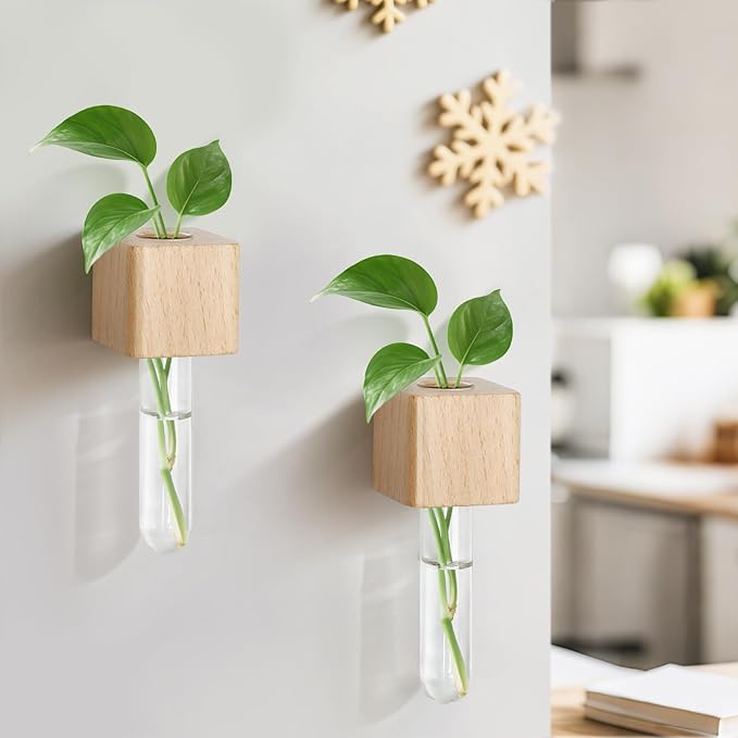Magnetic Test Tube Flower Vases for Refrigerator, Set of 2 Wooden Fridge Magnet Planters with Glass Tubes – Light & Dark Wood Color, Propagation Station for Hydroponic Display (No Plant Included)