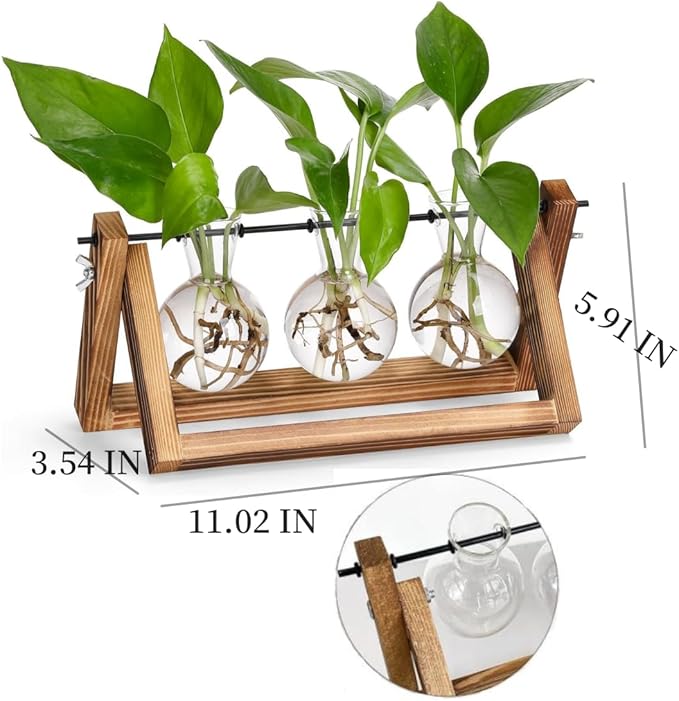 KUPOO Retro Plant Terrarium with Wooden Stand - 3-Bulb Glass Air Planter Vase with Metal Swivel Holder for Hydroponics Home and Office Garden Decor (3 Buld Vase)