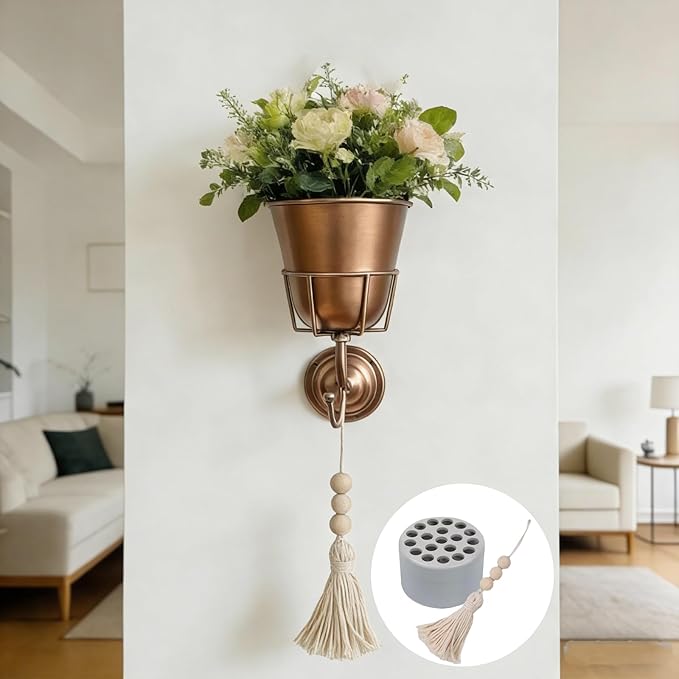Wall Vase Metal Wall Planter with Hook, Indoor Outdoor Wall Plant Holder for Live or Artificial Flowers, Space Saving Wall Decor with Flower Stem Holder and Tassel Charm