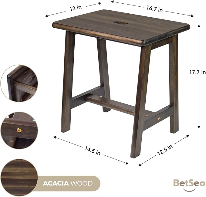 Acacia Wood Stool - Rectangular (16.7" D x 13" W x 17.7" H) - Small Bench Seat, End Table, Bathroom, Plant, Makeup Stool - Walnut Color